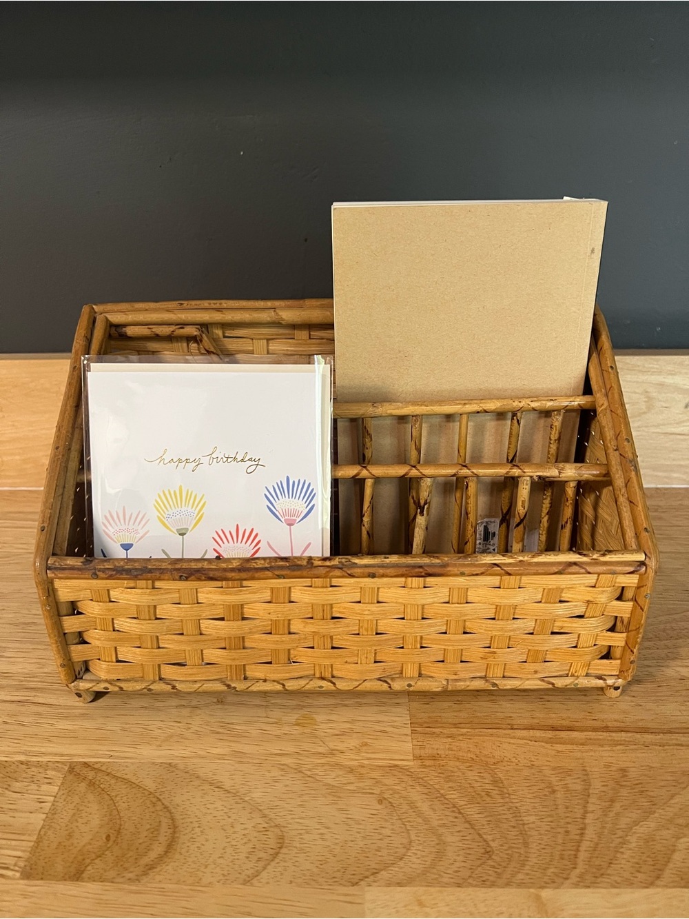 Vintage Bamboo Rattan Desktop Organizer mail sorter Natural Tan nice condition